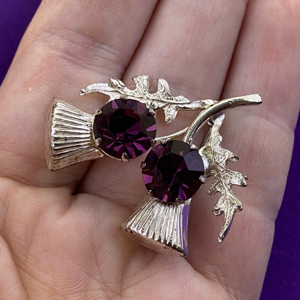 💛 Vintage Sterling Silver Amethyst Rhinestone Floral Brooch - Picture 3 of 4